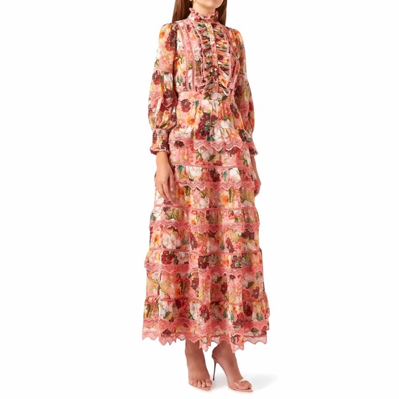 Alice + Olivia Dresses & Skirts - Alice + Olivia Brooke High Neck Maxi Dress Juniper Floral Rose Pink Lace Trim 0
